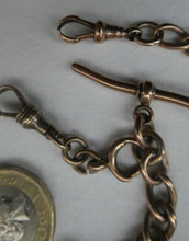 Load image into Gallery viewer, Antique 9CT Gold Double Albert Pocket Watch Chain. Length (clip end to clip end) 16 1/4 inches. Marked 9: 375
