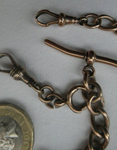 Antique 9CT Gold Double Albert Pocket Watch Chain. Length (clip end to clip end) 16 1/4 inches. Marked 9: 375