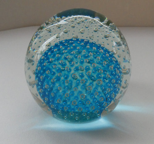 LARGE Magnum Vintage 1960s ITALIAN MURANO Controlled Bubble Paperweight with Blue Core. 4 inches diameter