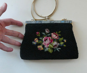 1940s PETIT POINT & GLASS BEAD Handbag or Evening Bag