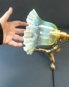 Antique Cast Brass Table Lamp with Three Paw Feet and Edwardian Vaseline Shade