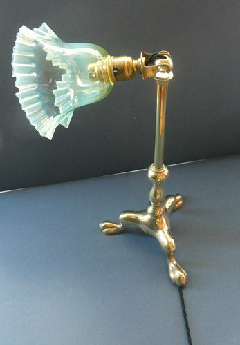 Antique Cast Brass Table Lamp with Three Paw Feet and Edwardian Vaseline Shade