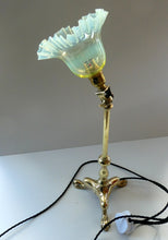 Load image into Gallery viewer, Antique Cast Brass Table Lamp with Three Paw Feet and Edwardian Vaseline Shade
