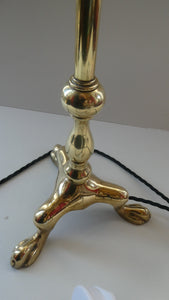 Antique Cast Brass Table Lamp with Three Paw Feet and Edwardian Vaseline Shade