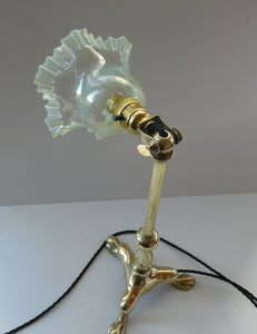 Antique Cast Brass Table Lamp with Three Paw Feet and Edwardian Vaseline Shade