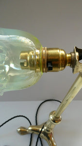 Antique Cast Brass Table Lamp with Three Paw Feet and Edwardian Vaseline Shade