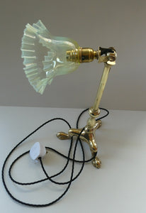 Antique Cast Brass Table Lamp with Three Paw Feet and Edwardian Vaseline Shade