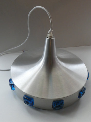 Carl Fagerlund. SWEDISH 1960s Silver Tone Pendant Lampshade with Blue Glass Inclusions and Original Diffuser Below