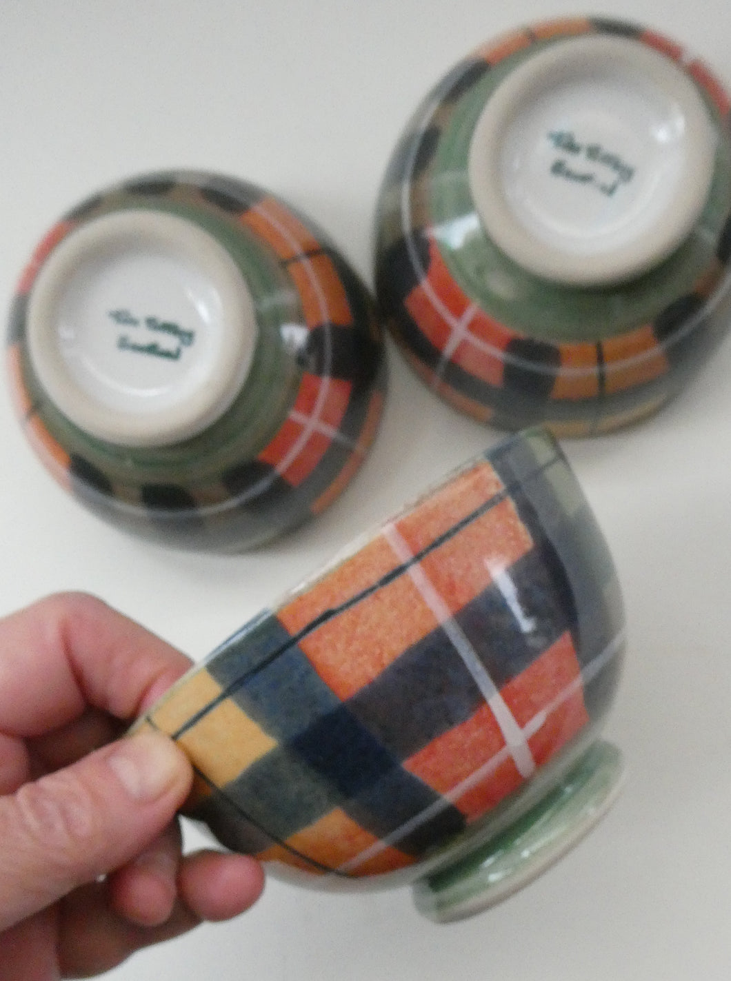 SCOTTISH POTTERY. Vintage Tain Pottery SET OF THREE Smaller Stoneware Pottery with Hand Painted Buchanan Tartan Pattern