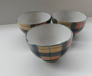 SCOTTISH POTTERY. Vintage Tain Pottery SET OF THREE Smaller Stoneware Pottery with Hand Painted Buchanan Tartan Pattern