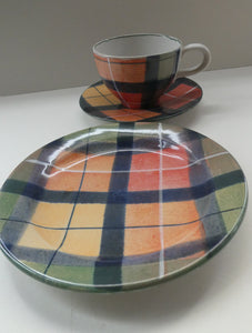 SCOTTISH POTTERY. Vintage Tain Pottery Trio. Heavy Duty Stoneware Pottery with Hand Painted Buchanan Tartan Pattern. 7 AVAILABLE