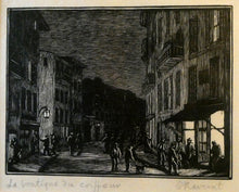 Load image into Gallery viewer, 1920s Wood Engraving by Gwen Raveret The Barber&#39;s Shop France
