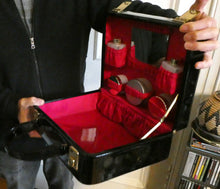 Load image into Gallery viewer, Vintage 1960s Black Patent Vanity Case with Bright Pink Lined Interior &amp; Fitted Bottles ETC
