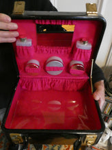Load image into Gallery viewer, Vintage 1960s Black Patent Vanity Case with Bright Pink Lined Interior &amp; Fitted Bottles ETC
