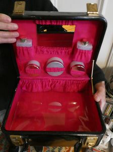 Vintage 1960s Black Patent Vanity Case with Bright Pink Lined Interior & Fitted Bottles ETC