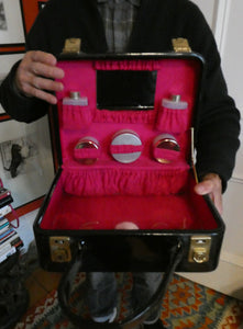 Vintage 1960s Black Patent Vanity Case with Bright Pink Lined Interior & Fitted Bottles ETC