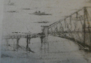 SCOTTISH ART. William Walcot (1874 - 1943). WWI Etching of the Forth Rail Bridge and Rosyth Docks; c 1918