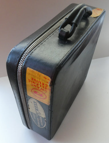 Vintage 1950s Thick Black Leather NORRIS LUGGAGE Small Travelling Case. With Original Old Cruise Labels