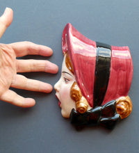 Load image into Gallery viewer, 1930s ART DECO Wall Mask by Cope &amp; Co. Girl with Dark Pink Bonnet and Black Ribbon
