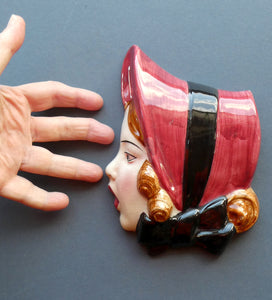 1930s ART DECO Wall Mask by Cope & Co. Girl with Dark Pink Bonnet and Black Ribbon