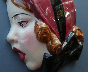 1930s ART DECO Wall Mask by Cope & Co. Girl with Dark Pink Bonnet and Black Ribbon