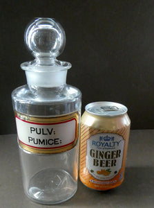 Large Antique Clear Glass Chemist Bottle. PULV: PUMICE: with Original Foil Label and Ball Stopper