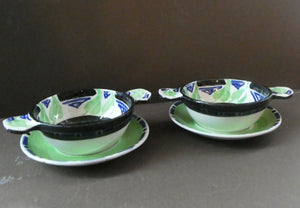 Rarer Bough Pottery ART DECO Ceramic Quaichs and Matching Underplates. Painted by Elizabeth Amour 1920s