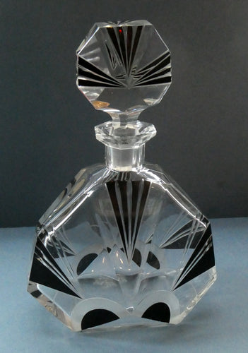 Large 1930s Art Deco Czech Glass Decanter by KARL PALDA. Geometric Clear Glass, with Engraved Lines and Black Enamel