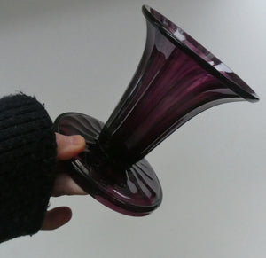 Stylish 1909 James POWELL for Whitefriars Glass Fluted Amethyst Vase. Trumpet Shaped.  5 inches