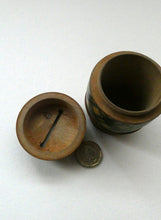 Load image into Gallery viewer,  Antique Victorian Scottish Mauchline Ware TARTANWARE Bank or Money Box in the Shape of a Barrel
