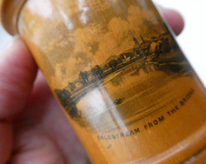 Antique 19th Century MAUCHLINE Ware Glass Tumbler Box. SCOTTISH BORDERS Interest. Coldstream from the Bridge