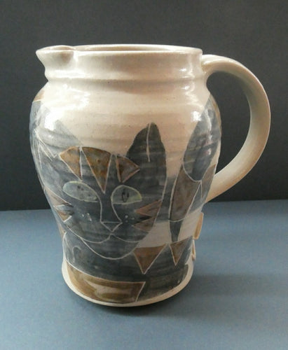 1992 STUDIO POTTERY Jug by Irma Demianczuk. Decorated with Cats and Mouse Motifs