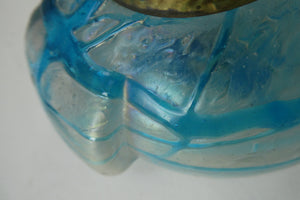 ANTIQUE Art Nouveau / Jugendstil Kralik Glass Inkwell with Lustre and Turquoise Blue Trail Bands, and Brass Hinged Lid