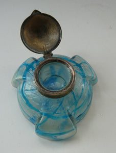 ANTIQUE Art Nouveau / Jugendstil Kralik Glass Inkwell with Lustre and Turquoise Blue Trail Bands, and Brass Hinged Lid