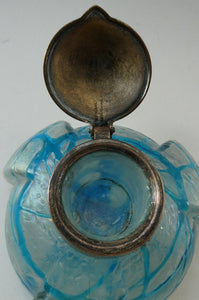 ANTIQUE Art Nouveau / Jugendstil Kralik Glass Inkwell with Lustre and Turquoise Blue Trail Bands, and Brass Hinged Lid