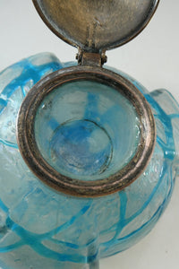 ANTIQUE Art Nouveau / Jugendstil Kralik Glass Inkwell with Lustre and Turquoise Blue Trail Bands, and Brass Hinged Lid