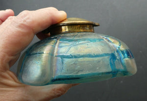 ANTIQUE Art Nouveau / Jugendstil Kralik Glass Inkwell with Lustre and Turquoise Blue Trail Bands, and Brass Hinged Lid