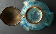 Load image into Gallery viewer, ANTIQUE Art Nouveau / Jugendstil Kralik Glass Inkwell with Lustre and Turquoise Blue Trail Bands, and Brass Hinged Lid
