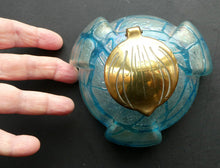 Load image into Gallery viewer, ANTIQUE Art Nouveau / Jugendstil Kralik Glass Inkwell with Lustre and Turquoise Blue Trail Bands, and Brass Hinged Lid
