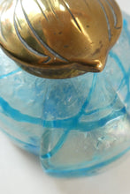 Load image into Gallery viewer, ANTIQUE Art Nouveau / Jugendstil Kralik Glass Inkwell with Lustre and Turquoise Blue Trail Bands, and Brass Hinged Lid
