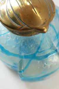 ANTIQUE Art Nouveau / Jugendstil Kralik Glass Inkwell with Lustre and Turquoise Blue Trail Bands, and Brass Hinged Lid