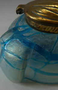 ANTIQUE Art Nouveau / Jugendstil Kralik Glass Inkwell with Lustre and Turquoise Blue Trail Bands, and Brass Hinged Lid