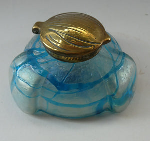 ANTIQUE Art Nouveau / Jugendstil Kralik Glass Inkwell with Lustre and Turquoise Blue Trail Bands, and Brass Hinged Lid