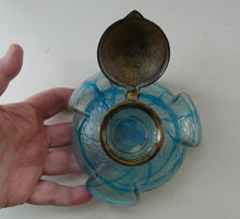 Load image into Gallery viewer, ANTIQUE Art Nouveau / Jugendstil Kralik Glass Inkwell with Lustre and Turquoise Blue Trail Bands, and Brass Hinged Lid
