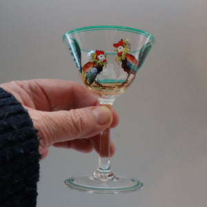 Vintage 1930s Glass Cockerel / Rooster SET OF FIVE Miniature Glasses. Rare Cock Fighting Images 