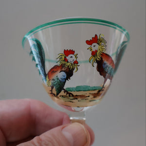 Vintage 1930s Glass Cockerel / Rooster SET OF FIVE Miniature Glasses. Rare Cock Fighting Images 