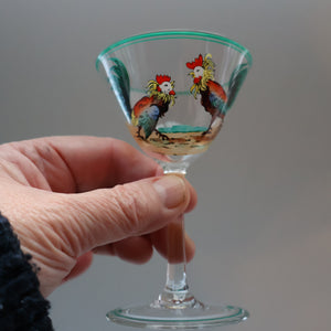 Vintage 1930s Glass Cockerel / Rooster SET OF FIVE Miniature Glasses. Rare Cock Fighting Images 