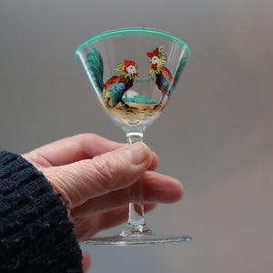 Vintage 1930s Glass Cockerel / Rooster SET OF FIVE Miniature Glasses. Rare Cock Fighting Images 