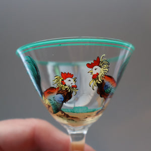 Vintage 1930s Glass Cockerel / Rooster SET OF FIVE Miniature Glasses. Rare Cock Fighting Images 