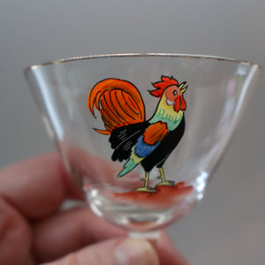 Vintage 1930s Glass Cockerel / Rooster SET OF FIVE Miniature Glasses. Rare Cock Fighting Images 